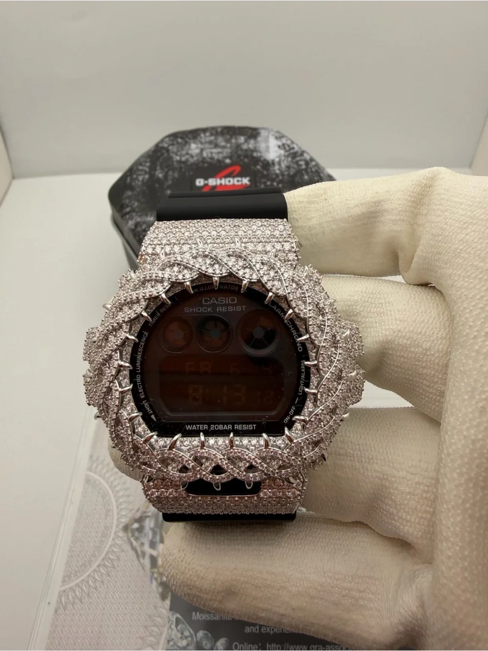 G-Shock Black Digital Watch with Silver Moissanite VVS Pavé Bezel